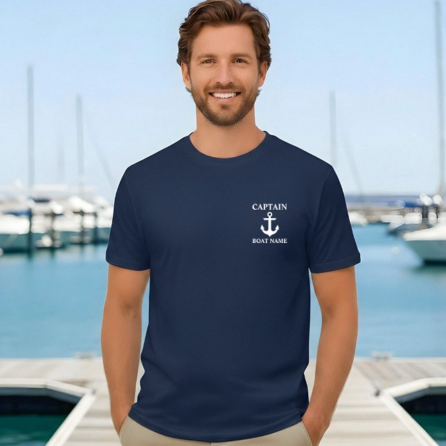Camiseta Capitão Náutico Nome do Barco Anchor Blue T Shirt  (Customize to change text size. Choose from a variety of shirt colors and styles.)