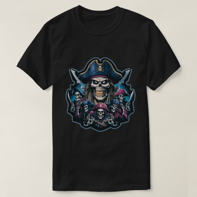 Camiseta Capitão Pirate e sua equipe de esqueleto (Frente do Design)