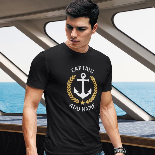 Camiseta Capitão Seu Nome De Barco Ancora Dourada Laurel Bl (Criador carregado)