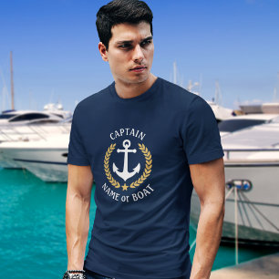 Camiseta Capitão Seu Nome De Barco Ancora Dourado Marinho