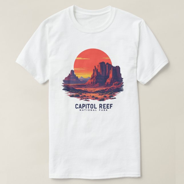 Camiseta Capitol Reef National Park Retro Sunset Design - U (Frente do Design)