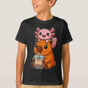 Camiseta Capivara e Axolote Kawaii Bebendo Chá de Boba