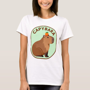 Camiseta Capivara Fofa com Laranja na Cabeça Animal Engraça