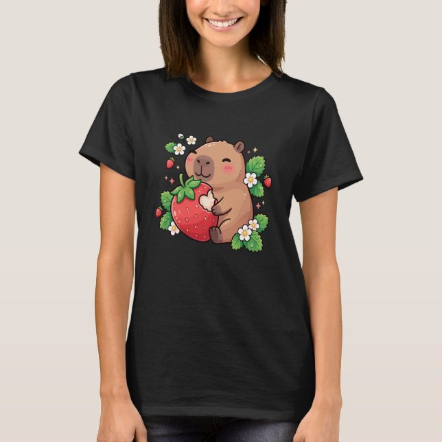 Camiseta Capivara Fofa Comendo Morango Kawaii Lanche de Fru (Frente)