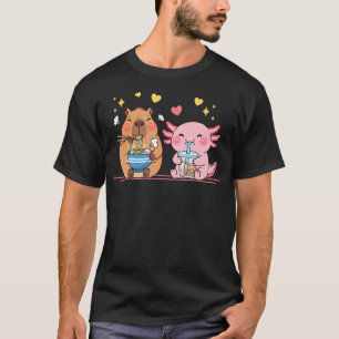 Camiseta Capivara Fofa e Axolote Ramen Boba Tea Engraçado A