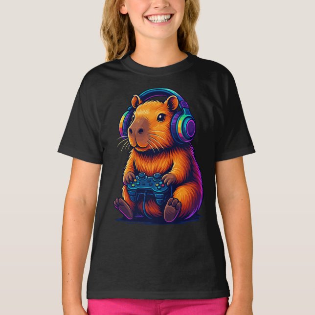 Camiseta Capivara Gamer Fofa — com Fone de Ouvido e Control (Frente)