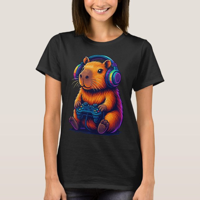 Camiseta Capivara Gamer Fofa — com Fone de Ouvido e Control (Frente)
