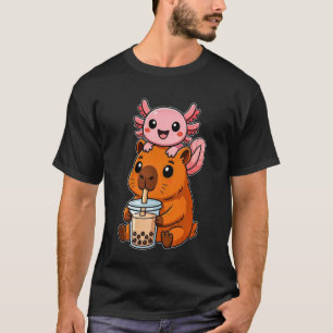 Camiseta Capivara Kawaii e Axolote Bebendo Chá de Boba Engr