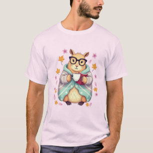 Camiseta Capivara Montando um Livro e Bebendo Café Cereja