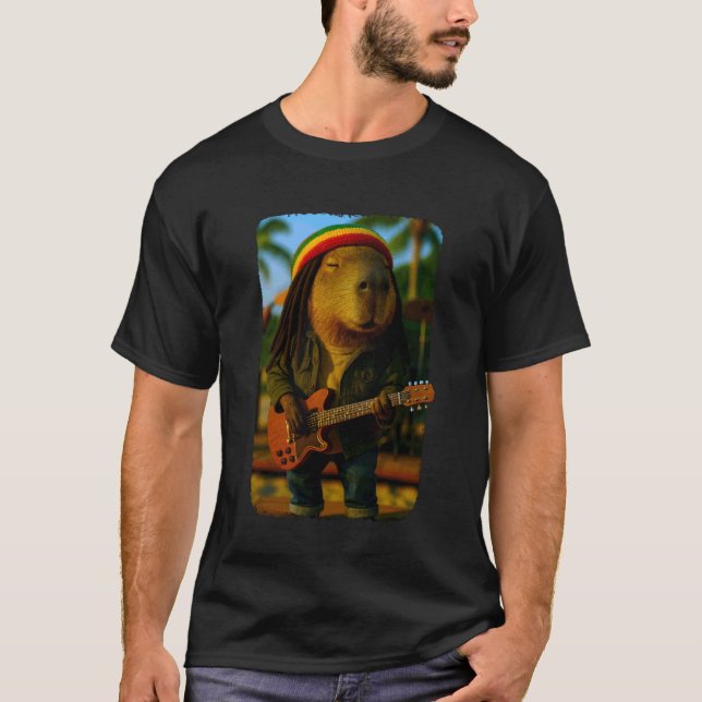 Camiseta Capivara Reggae Engraçado Tocando Violão Meme Rast (Frente)