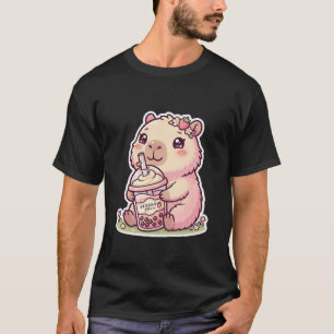 Camiseta Capivara Rosa Fofa Kawaii Bebendo Chá Bob