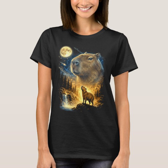 Camiseta Capivara uivando para a lua meme estranho engraçad (Frente)