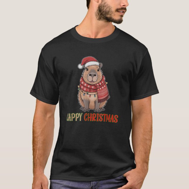 Camiseta Cappy Christmas Capybara with Santa Hat Xmas Light (Frente)