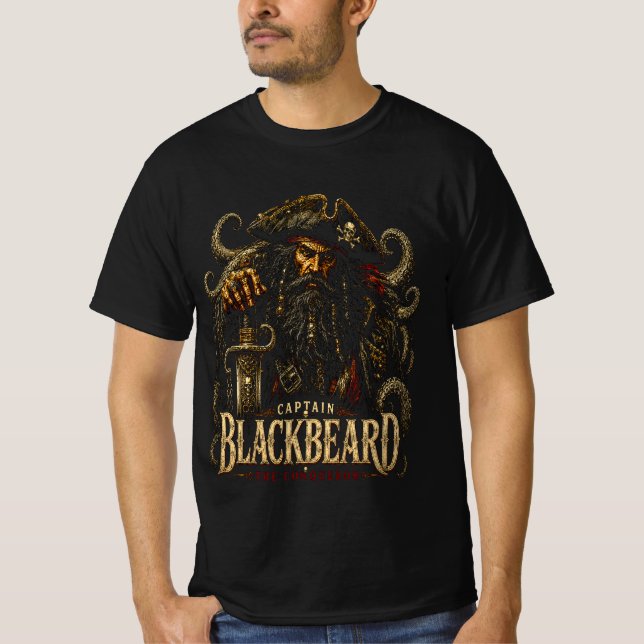 Camiseta Captain Blackbeard Pirate Tee | Skull, Sword, Naut (Frente)