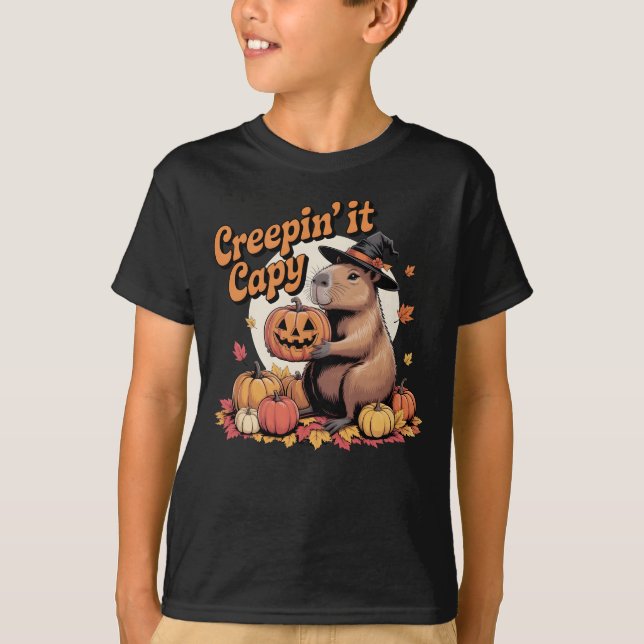 Camiseta Capy Halloween Capybara, crepina, chapéu de bruxa (Frente)