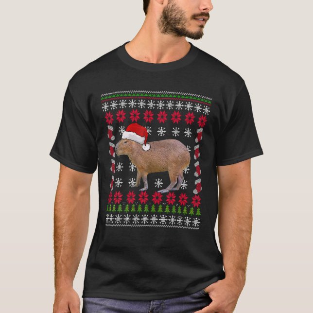 Camiseta Capybara Amante de os animais Xmas Santa Hat Ugly  (Frente)