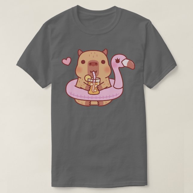 Camiseta Capybara Bonita Com Flamingo Piscina Float Para O  (Frente do Design)