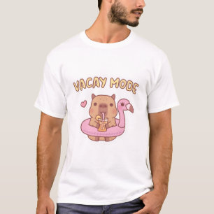 Camiseta Capybara Bonita Com Flamingo Piscina Flutuante Mod