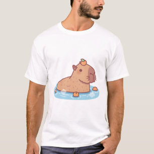 Camiseta Capybara Bonita Com Laranja Na Cabeça Refrigerindo