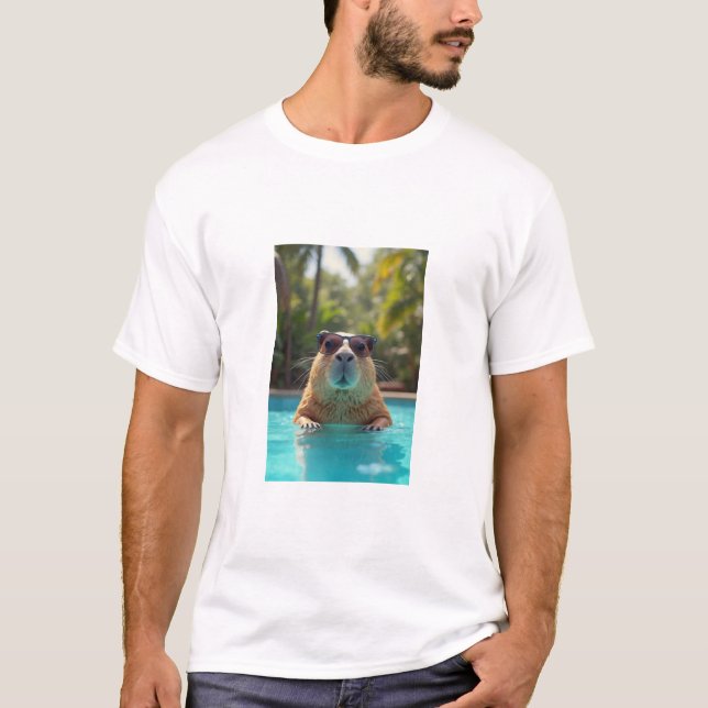 Camiseta capybara com óculos de sol na t-shirt da piscina (Frente)