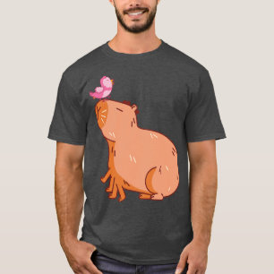 Camiseta Capybara com um pássaro rosa uma paródia de arte A