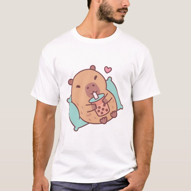 Camiseta Capybara Cute Refrigeração E Bebendo Chá (Frente)