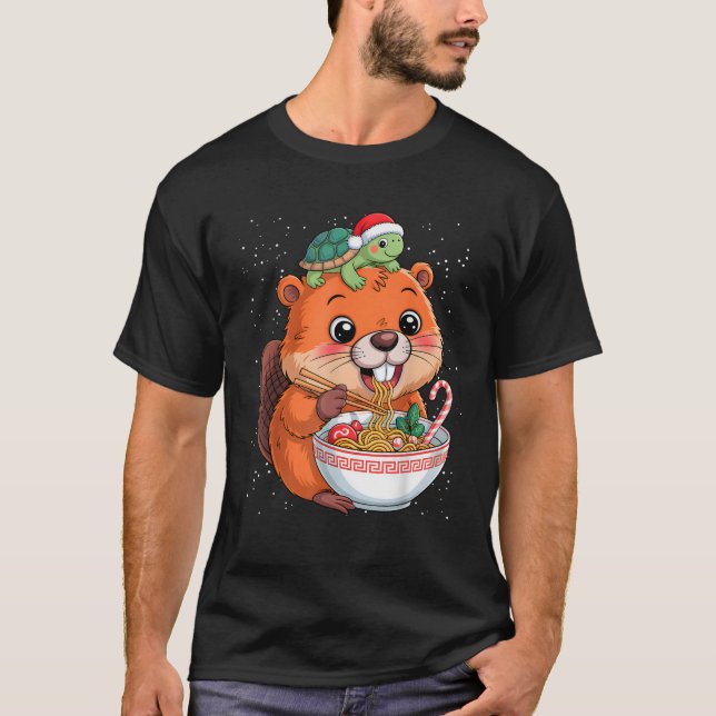 Camiseta Capybara e Turtle Backpack Ramen Kawaii Boné Xmas (Frente)