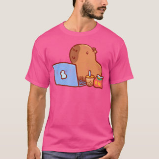 Camiseta Capybara Em Um Laptop Com Snacks E Beba Capybar
