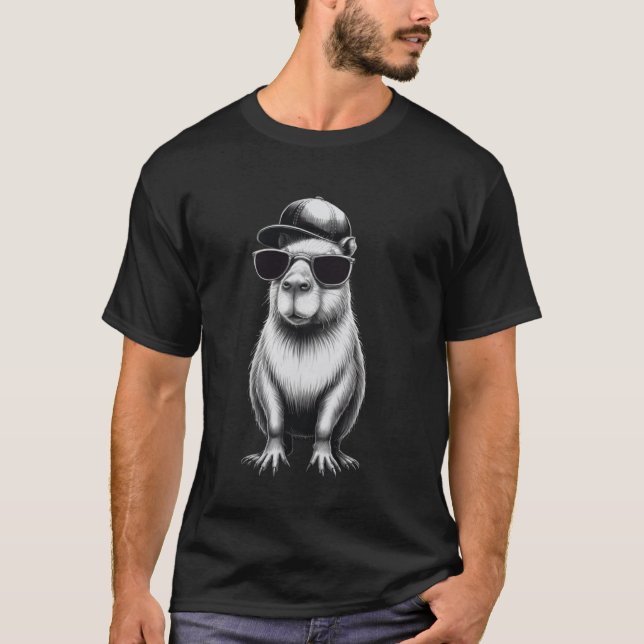 Camiseta Capybara Face Com Óculos De Sol Boné Funny Capybar (Frente)