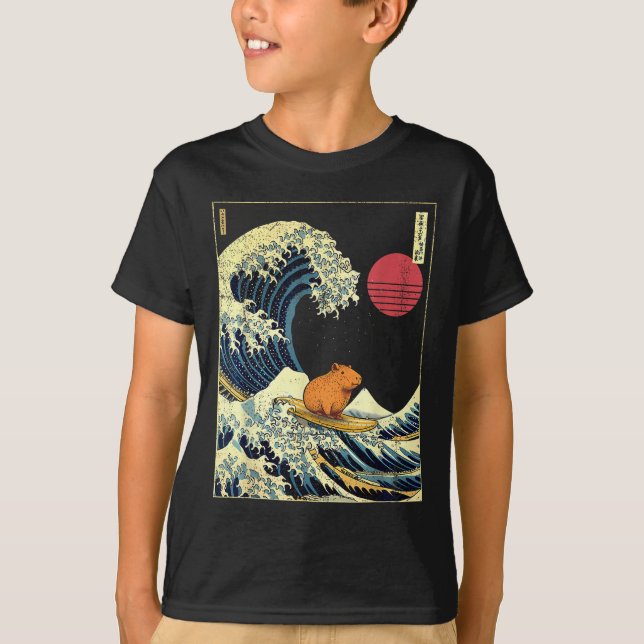 Camiseta Capybara Japanese Kanagawa Wave Funny Surf Animal  (Frente)
