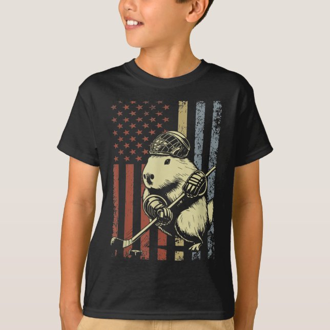 Camiseta Capybara Playing Hockey American Flag Capybara Hoc (Frente)
