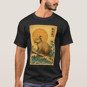 Camiseta Capybara Surfando Onda Gráfico Vintage Japonês Uki