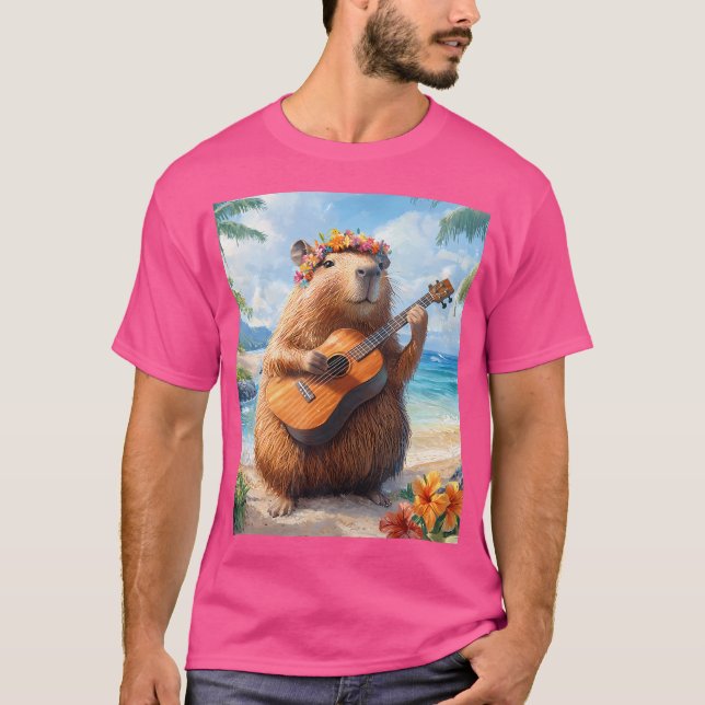 Camiseta Capybara Tocando Guitarra Ukulele Beach Hawaii Eng (Frente)