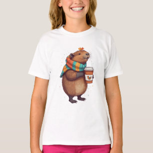 Camiseta Capybara, Vestindo Scarf, Esfregando Tee Café