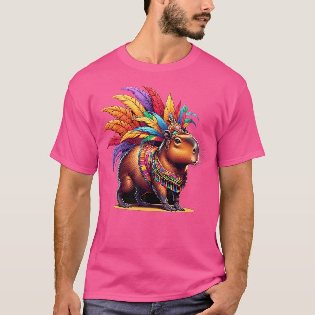 Camiseta Capybara Vestindo Tribal Headdress Carniva Colorid (Frente)