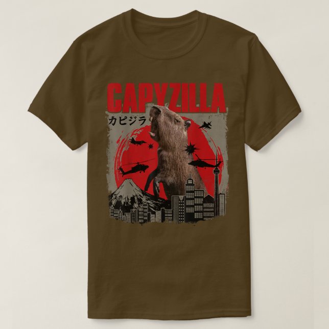Camiseta Capyzilla Funny Cuide Capybara Art Sunset Japonês (Frente do Design)