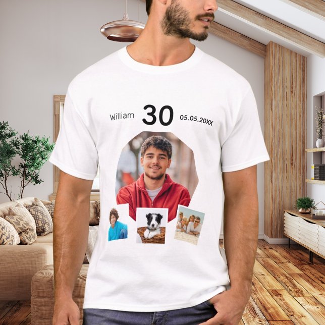 Camiseta Cara de colagem de fotos com nome de aniversário (Criador carregado)