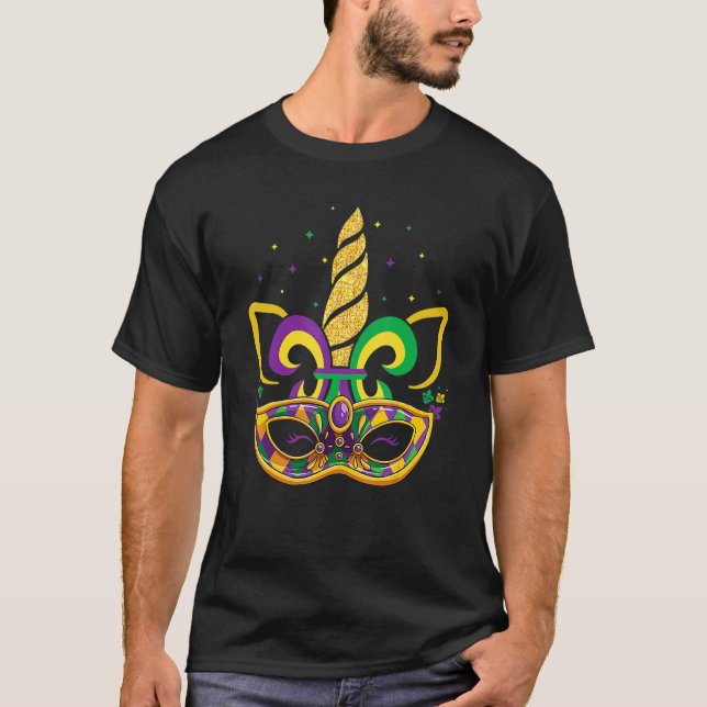 Camiseta Cara de Garota Miçanga de Máscara do Unicorn Mardi (Frente)