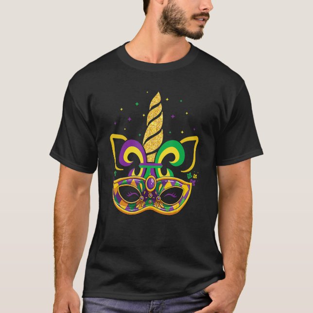 Camiseta Cara de Garota Miçanga de Máscara do Unicorn Mardi (Frente)