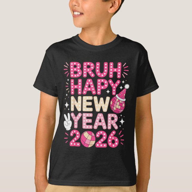 Camiseta Cara Feliz Ano Novo 2026 Vibrações de Festa Para Q (Frente)
