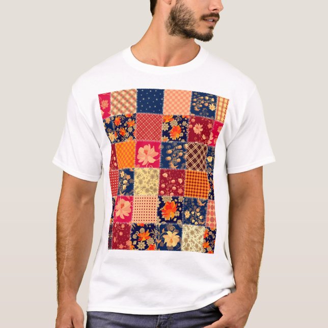 Camiseta Caractere de patch: Combinação Floral e Geométrica (Frente)