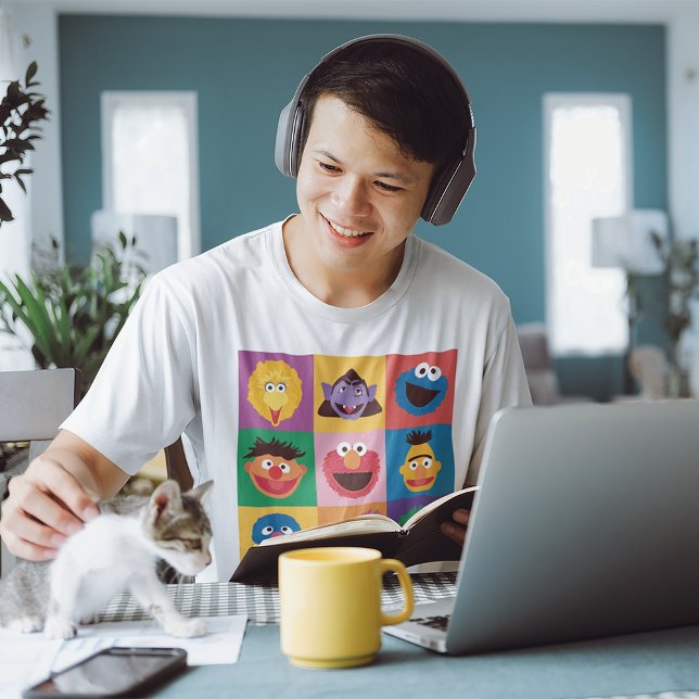 Camiseta Caracteres de Rua Sésamo | Grelha de blocos de cor (Person wearing t-shirt)