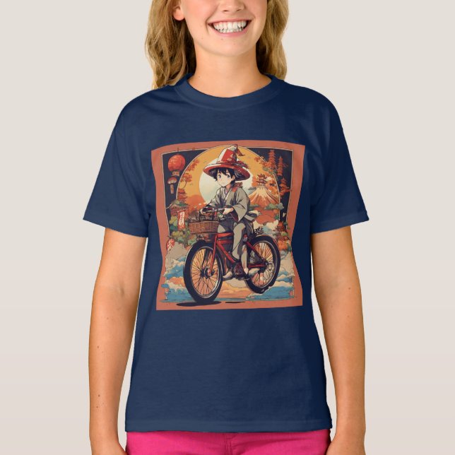 Camiseta Caráter Chibi Homens Andando Bicicletas Impressas (Frente)