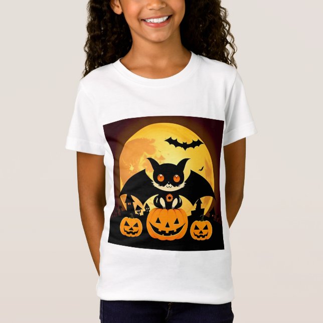Camiseta Caráter de Gato do Halloween Bonito com Pumpkins (Frente)