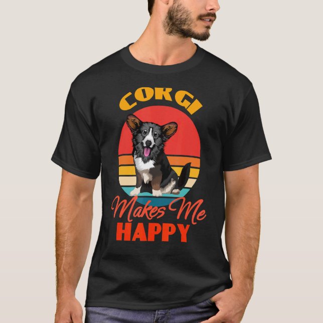 Camiseta Cardigan Welsh Corgi Me Faz Feliz Cachorro Retro (Frente)