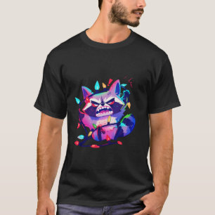 Camiseta Caricatura Bonita Raccoon Sobre a Árvore de Natal