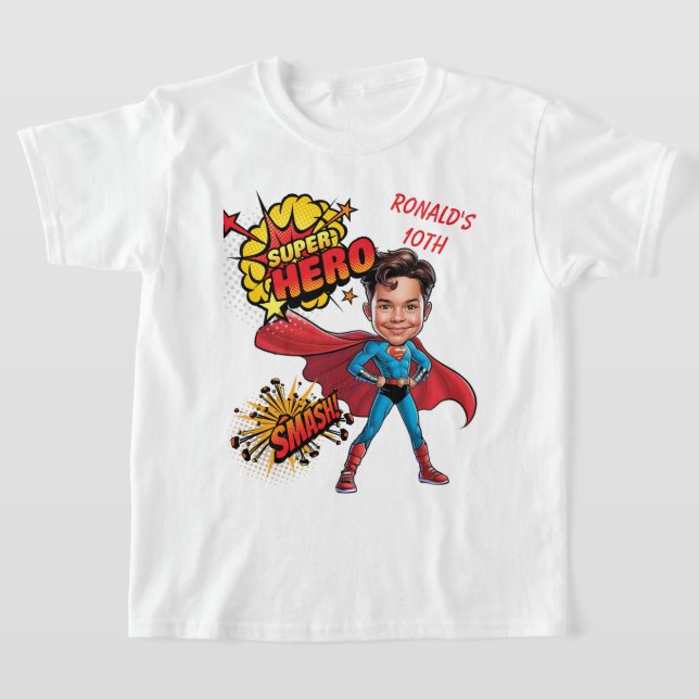 Camiseta Caricatura de Super Herói Personalizada do 10º Ani (Postura )