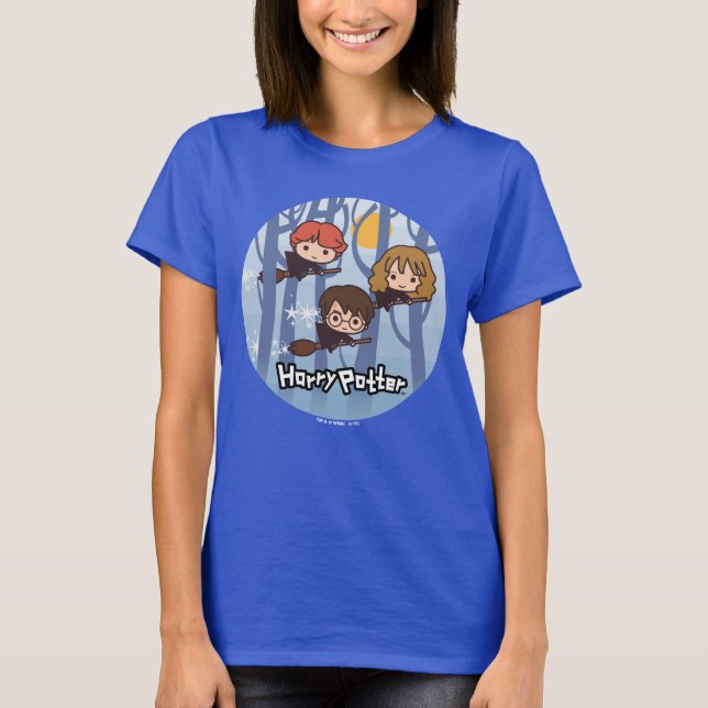 Camiseta Caricatura Harry, Ron E Hermione Voando Em Florest (Frente)