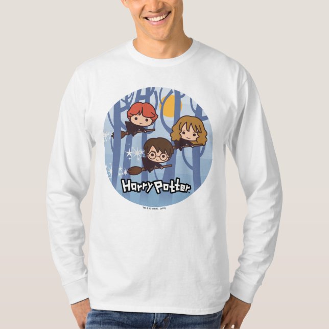 Camiseta Caricatura Harry, Ron E Hermione Voando Em Florest (Frente)