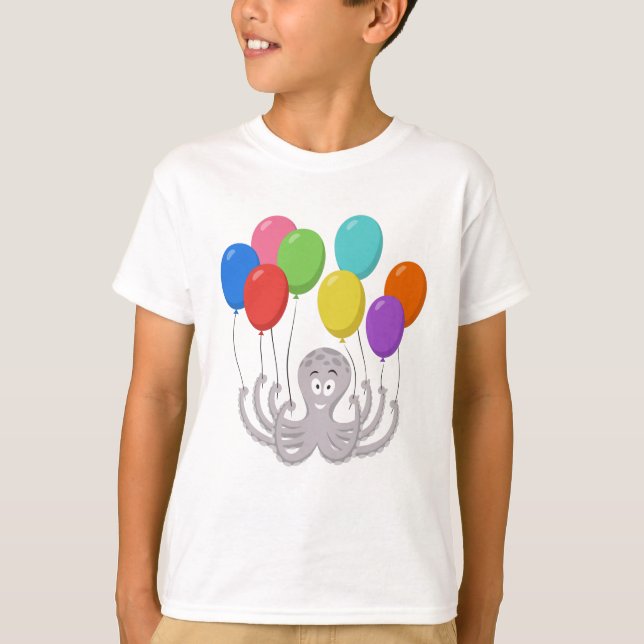 Camiseta Caricatura Octopus Balões Coloridos Crianças (Frente)